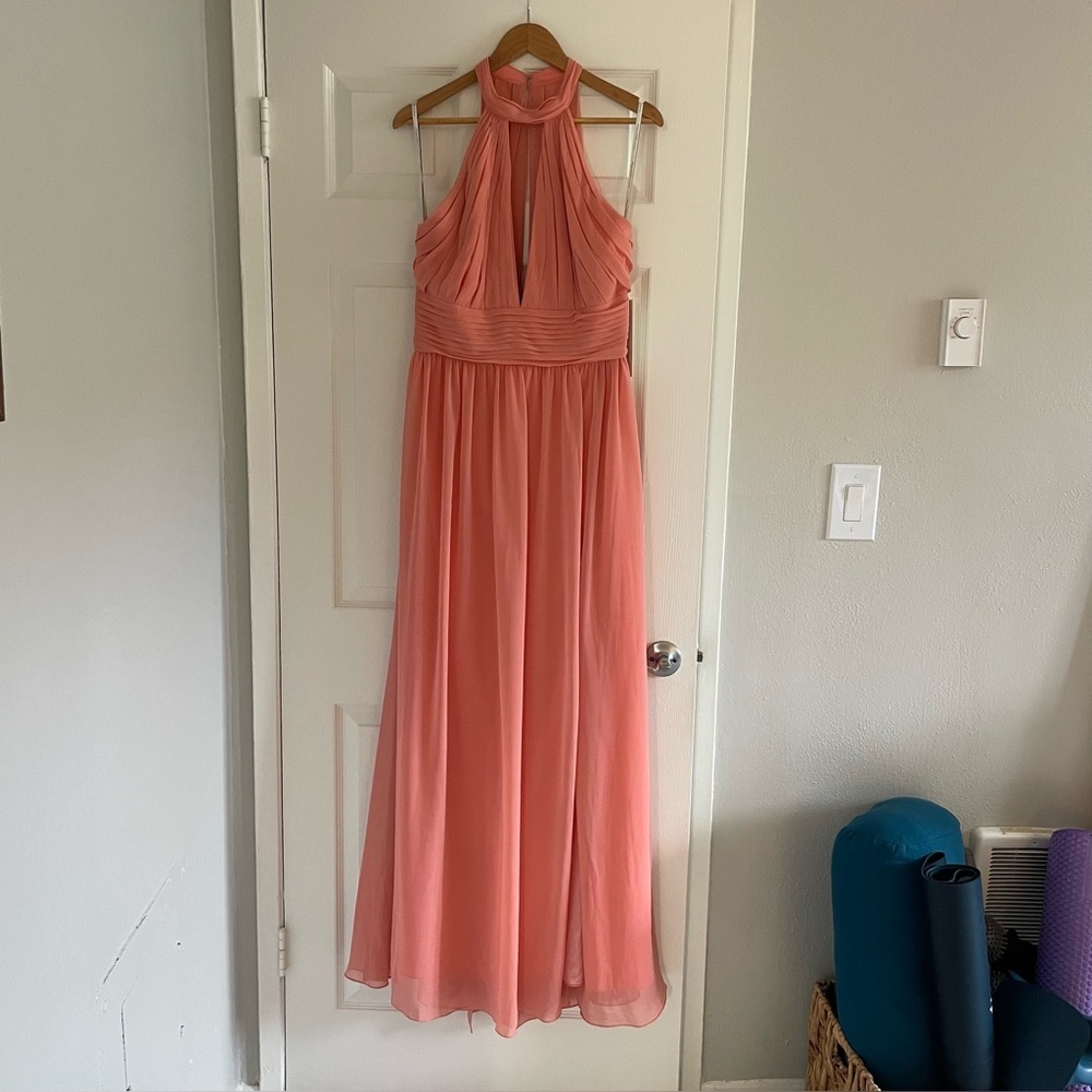 NWT Monique Lhuillier Formal Chiffon Dress Peach Coral Size 14 Prom Bridesmaid